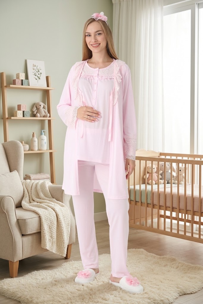 Pembe Uzun Kollu Dantel Detaylı Emzirme Özellikli Sabahlıklı Lohusa Pijama Takımı-3446