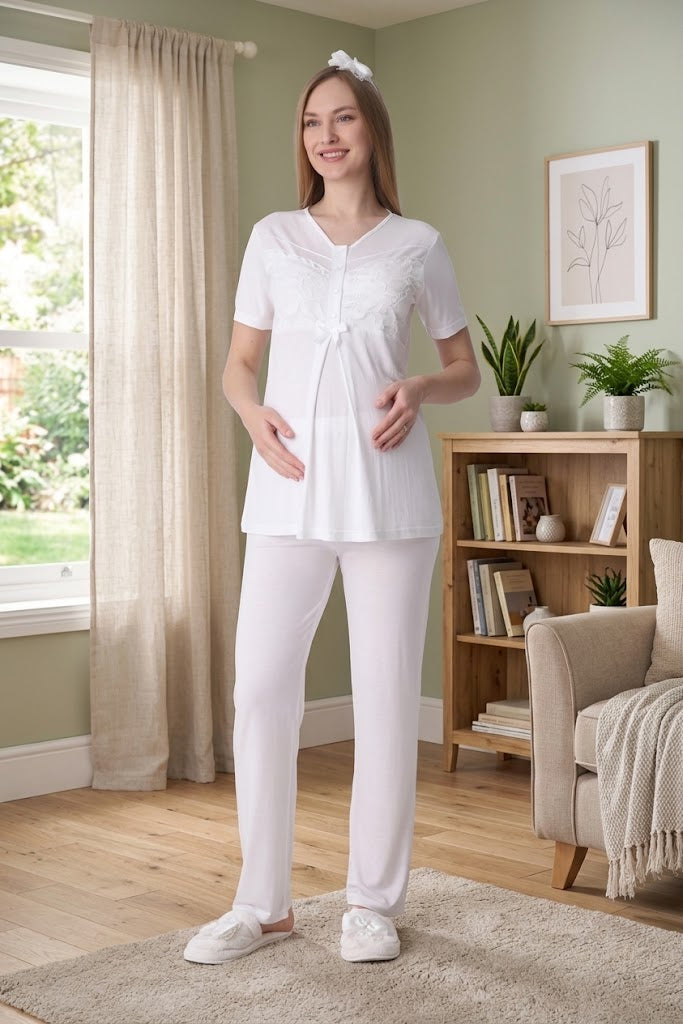 Vizon Ekru Dantel İşlemeli Emzirme Özellikli Desenli Sabahlıklı Lohusa Pijama Takımı-3466