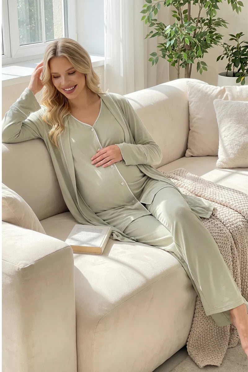 Düğmeli Kısa Kollu Esnek Lohusa Sabahlıklı Pijama Takımı - 2039