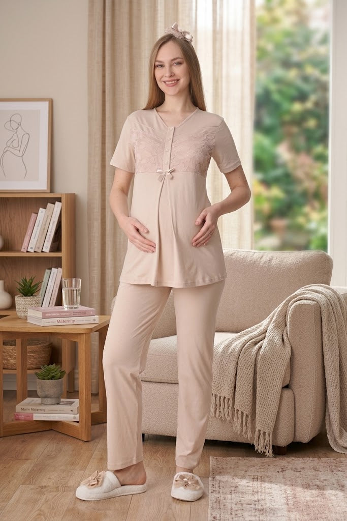 Vizon Dantel İşlemeli Emzirme Özellikli Desenli Sabahlıklı Lohusa Pijama Takımı-3466
