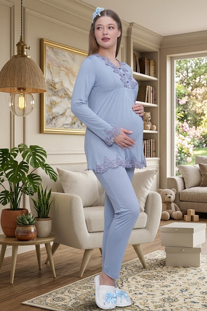 Mavi Uzun Kollu Güpür Detaylı Emzirme Özellikli Sabahlıklı Lohusa Pijama Takımı-1517