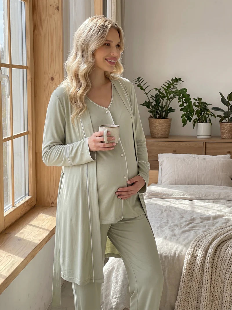 Düğmeli Kısa Kollu Esnek Lohusa Sabahlıklı Pijama Takımı - 2039