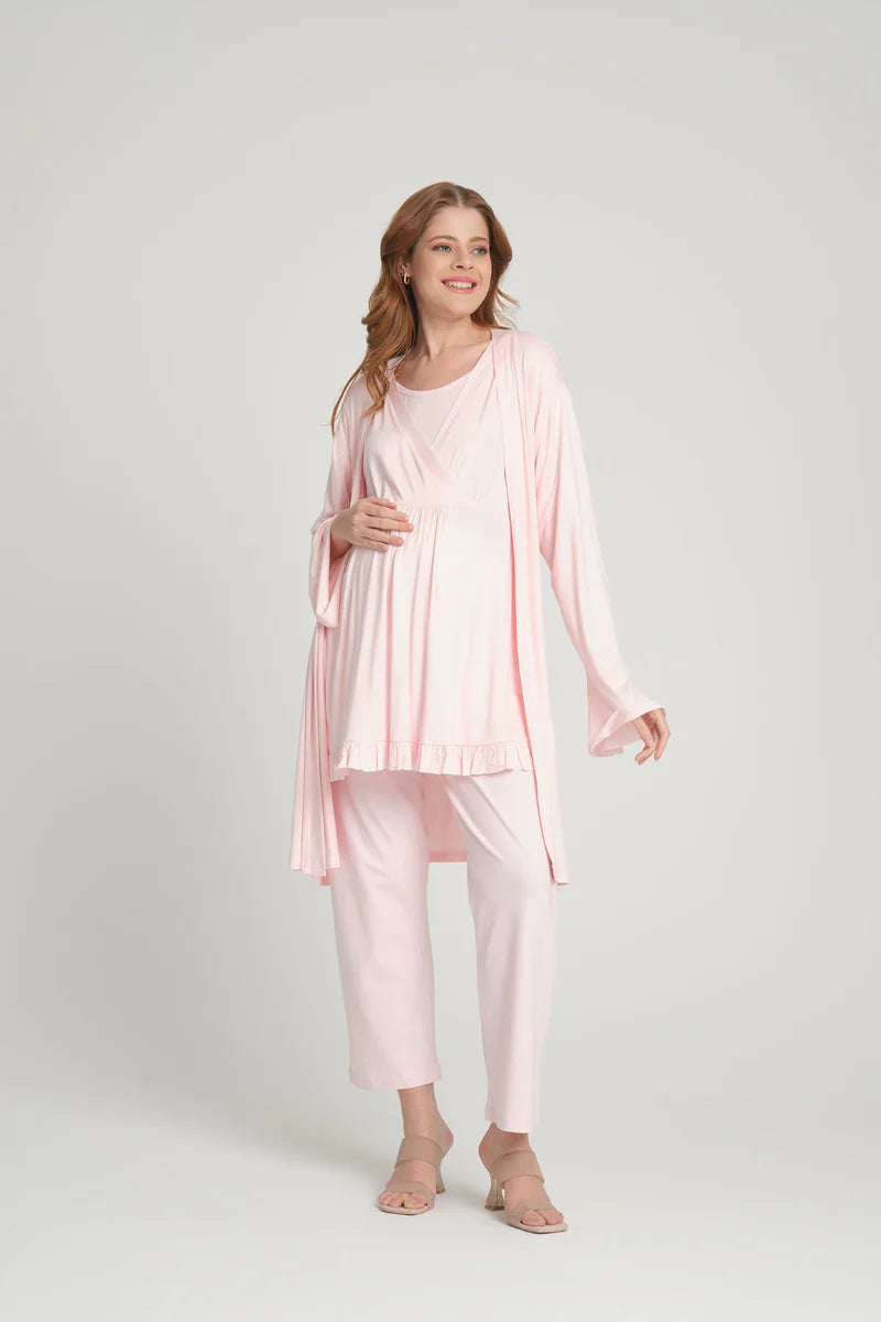 Volan Kol Emzirme Özellikli Sabahlıklı Kruvaze Lohusa Pijama Takımı - 2382
