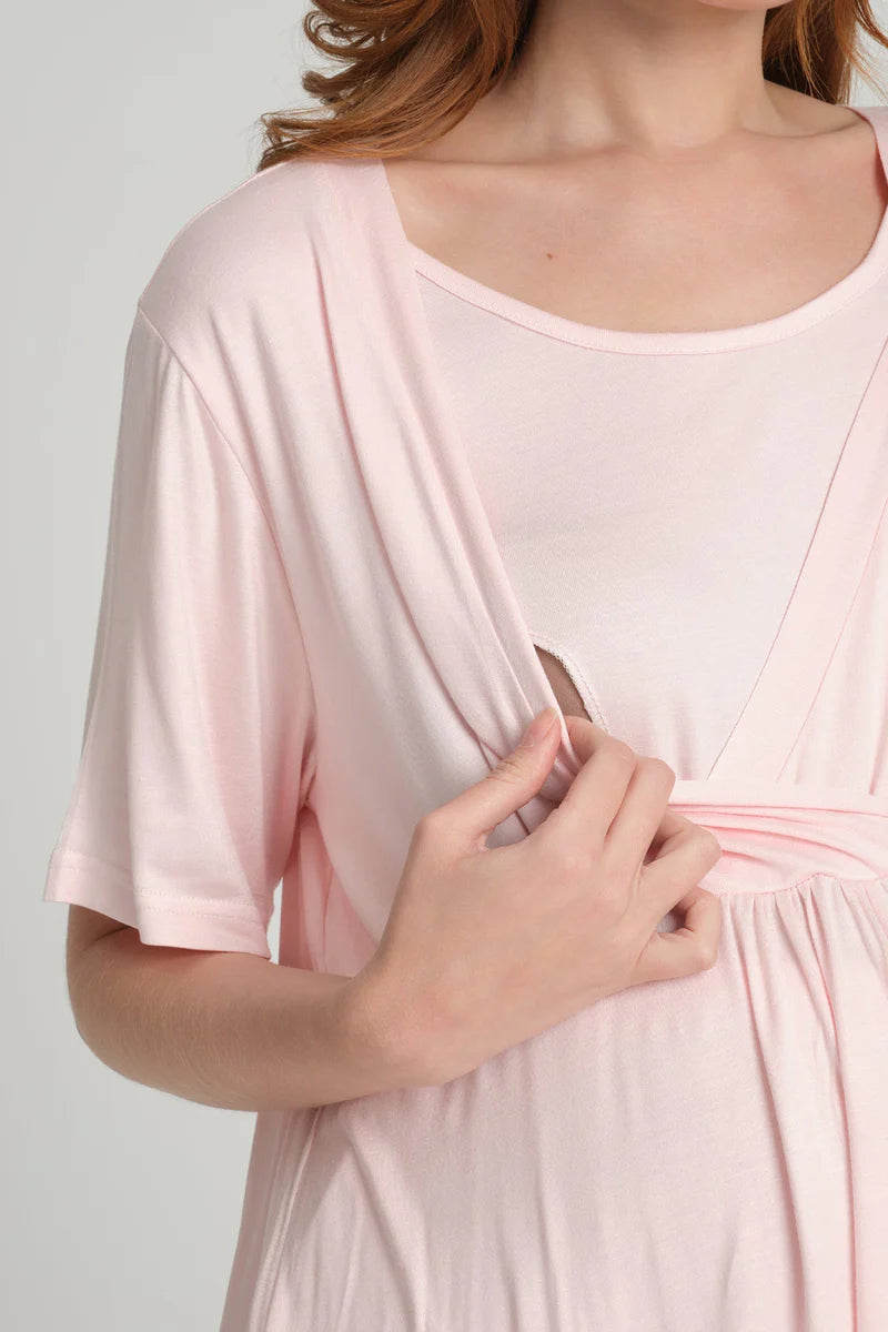 Volan Kol Emzirme Özellikli Sabahlıklı Kruvaze Lohusa Pijama Takımı - 2382