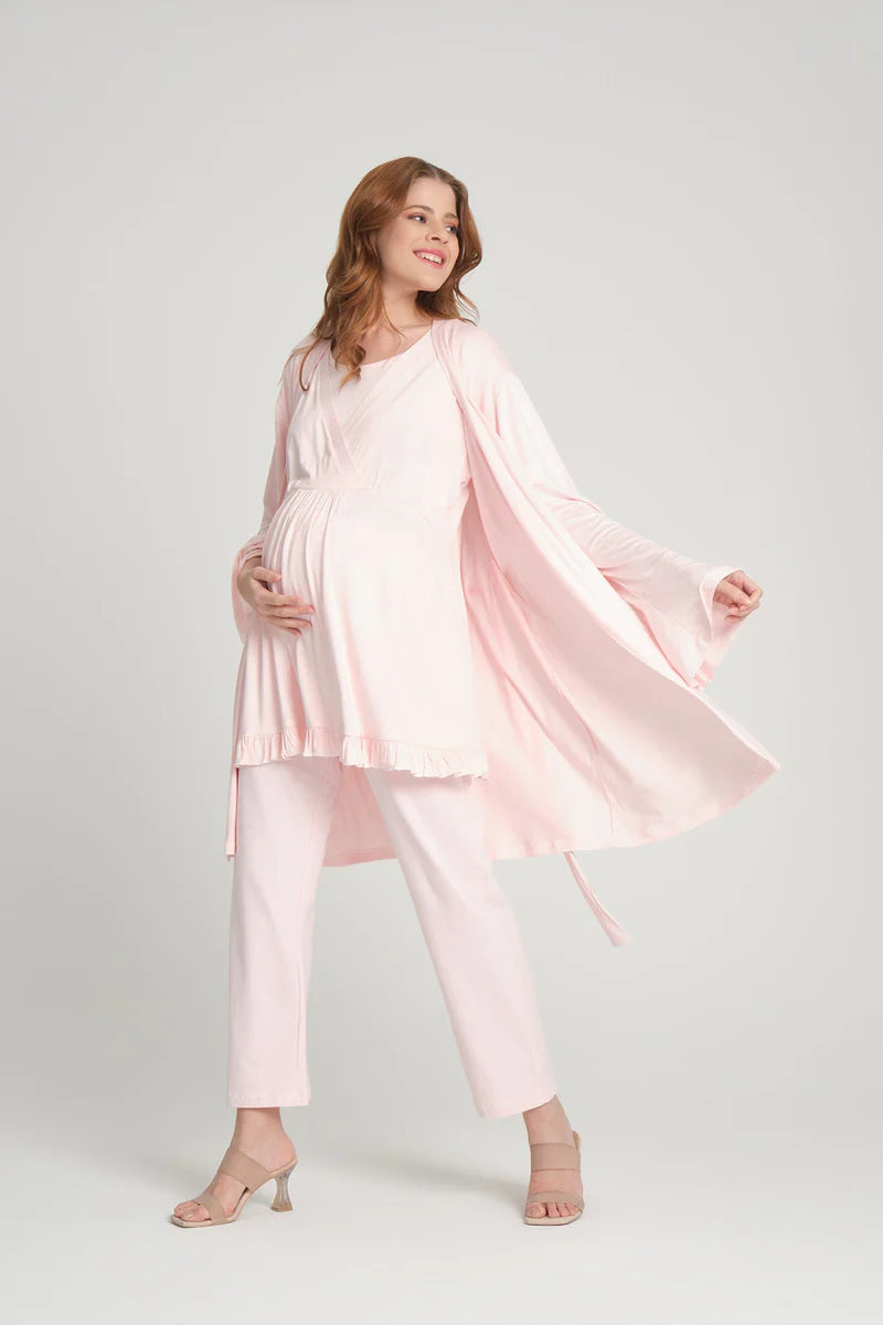 Volan Kol Emzirme Özellikli Sabahlıklı Kruvaze Lohusa Pijama Takımı - 2382