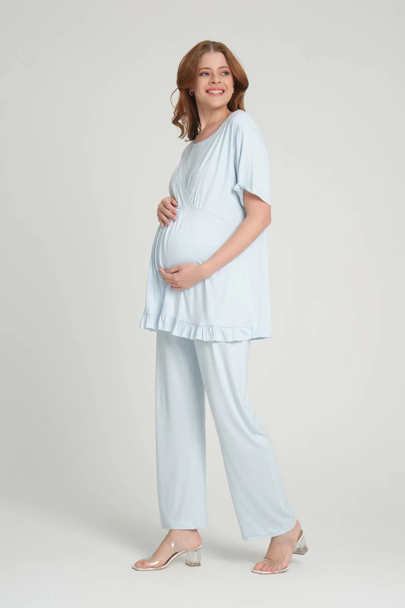 Volan Kol Emzirme Özellikli Sabahlıklı Kruvaze Lohusa Pijama Takımı - 2364