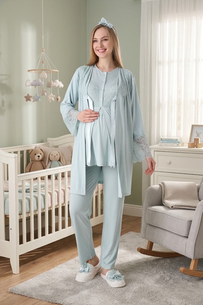 Mint Kısa Kollu Güpür Detaylı Emzirme Kolaylıklı Sabahlıklı Lohusa Pijama Takımı-3472