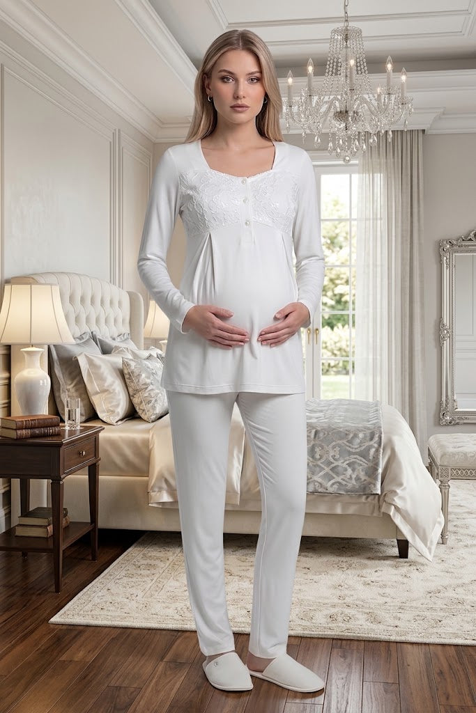 Ekru Uzun Kollu Emzirme Özellikli Dantel Pelerin Sabahlıklı Lohusa Pijama Takımı-6402