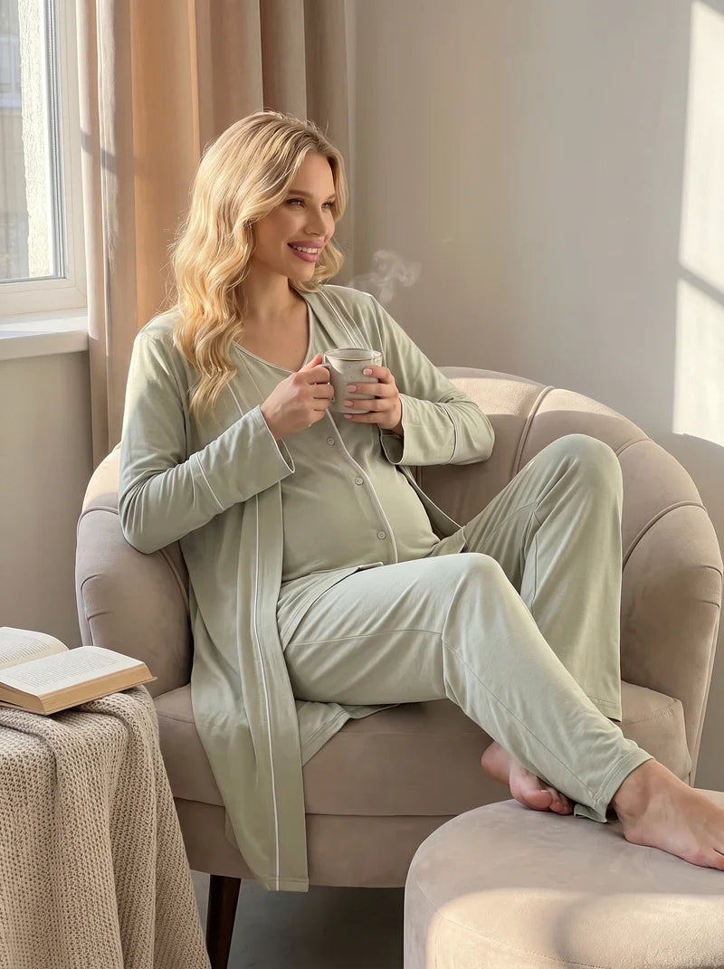 Düğmeli Kısa Kollu Esnek Lohusa Sabahlıklı Pijama Takımı - 2039