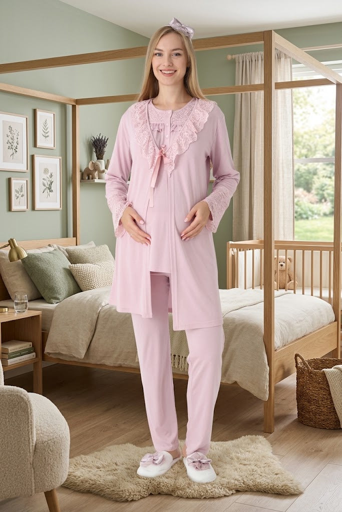 Pudra Uzun Kollu Dantel Detaylı Emzirme Özellikli Sabahlıklı Lohusa Pijama Takımı-3446