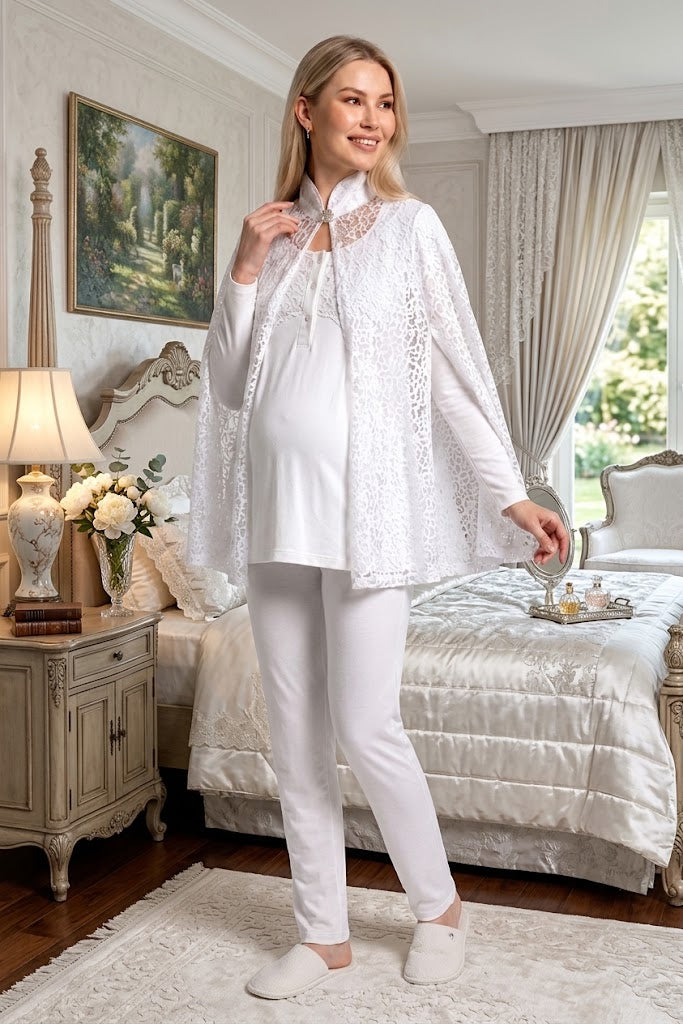 Ekru Uzun Kollu Emzirme Özellikli Dantel Pelerin Sabahlıklı Lohusa Pijama Takımı-6402