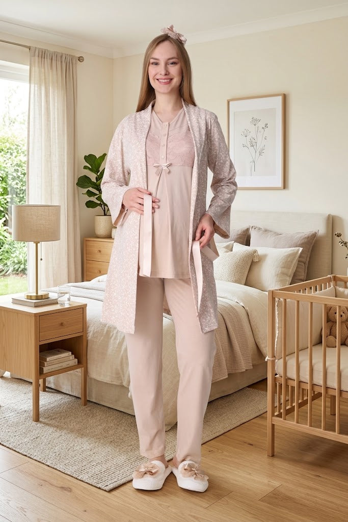 Vizon Dantel İşlemeli Emzirme Özellikli Desenli Sabahlıklı Lohusa Pijama Takımı-3466