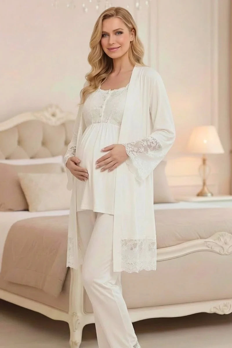 Uzun Kollu Dantelli Esnek Likralı Soft Lohusa Sabahlıklı Pijama Takımı - 2025