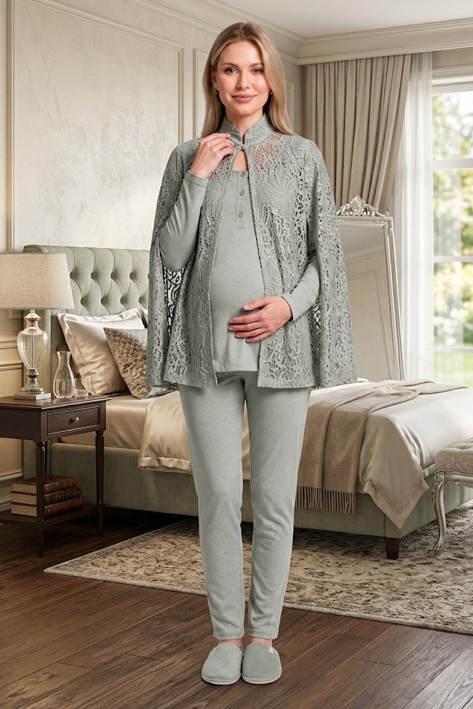 Yeşil Uzun Kollu Emzirme Özellikli Dantel Pelerin Sabahlıklı Lohusa Pijama Takımı-6402