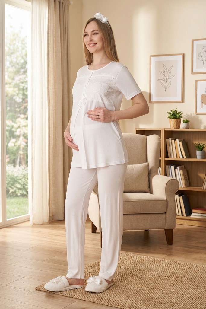 Ekru Kısa Kollu Şık Dantel İşlemeli Emzirme Özellikli Sabahlıklı Lohusa Pijama Takımı-3467