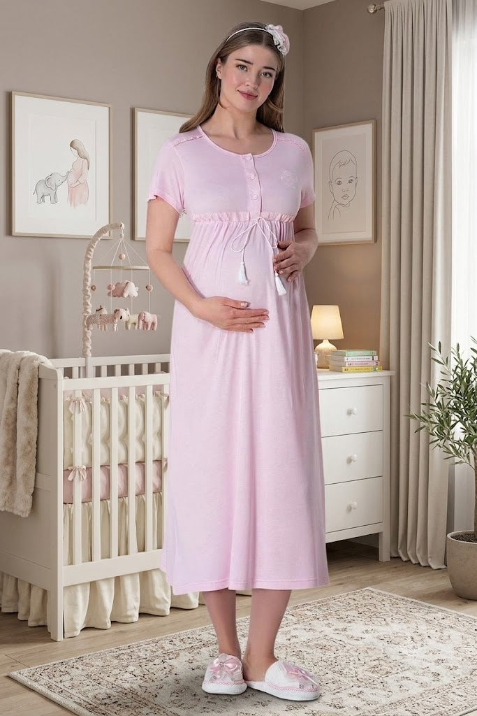 Pembe Kısa Kollu Emzirme Kolaylıklı Lohusa Gecelik-6012