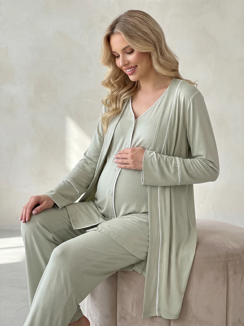 Düğmeli Kısa Kollu Esnek Lohusa Sabahlıklı Pijama Takımı - 2039