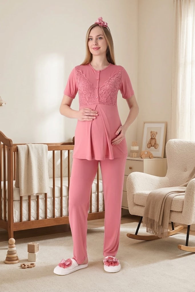 Nar Çiçeği Kısa Kollu Güpür Detaylı Emzirme Kolaylıklı Sabahlıklı Lohusa Pijama Takımı-3472