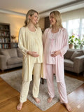 Bej-Pembe Uzun Kollu Emzirme Özellikli Dantel Kol Sabahlıklı Lohusa Pijama Takımı-6302