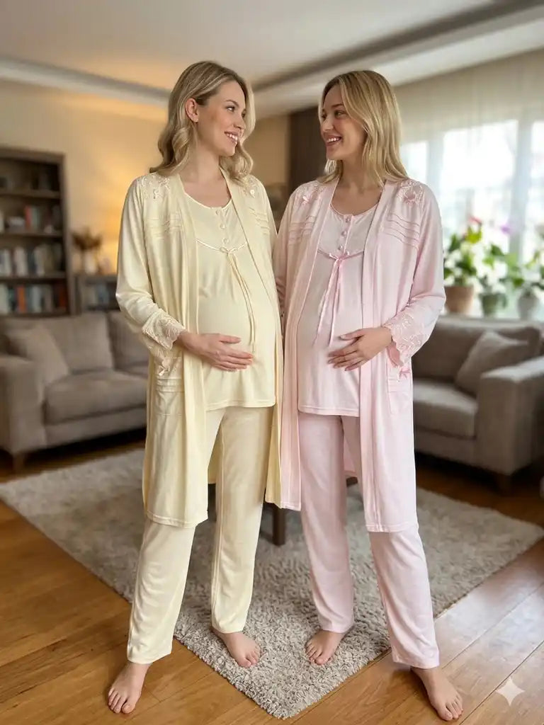 Bej-Pembe Uzun Kollu Emzirme Özellikli Dantel Kol Sabahlıklı Lohusa Pijama Takımı-6302