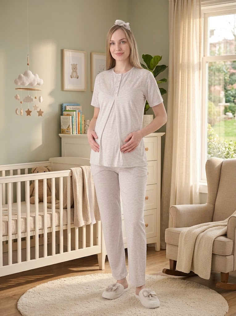 Vizon Kısa Kollu Çiçek Desenli Emzirme Kolaylıklı Sabahlıklı Lohusa Pijama Takımı-3471