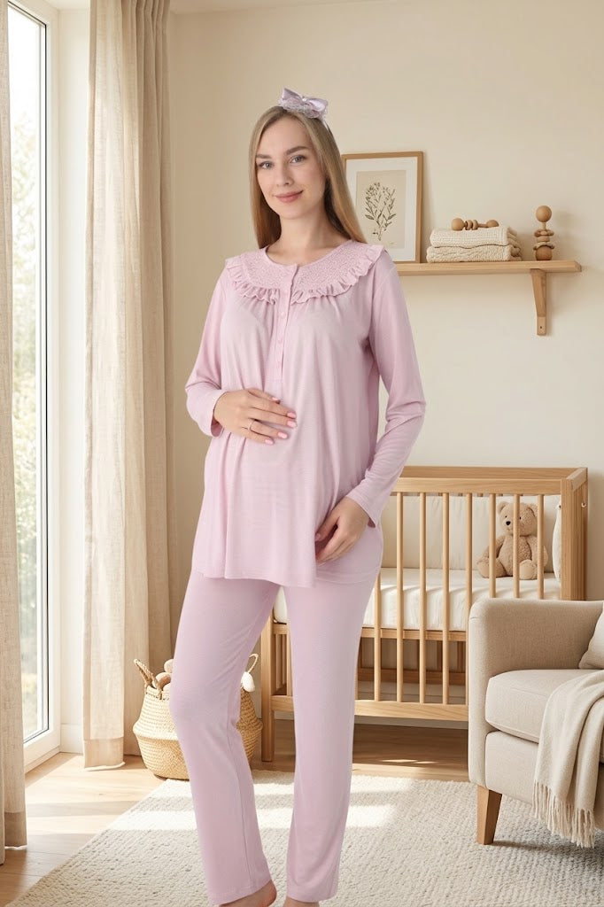 Pudra Uzun Kollu Dantel Detaylı Emzirme Özellikli Sabahlıklı Lohusa Pijama Takımı-3446