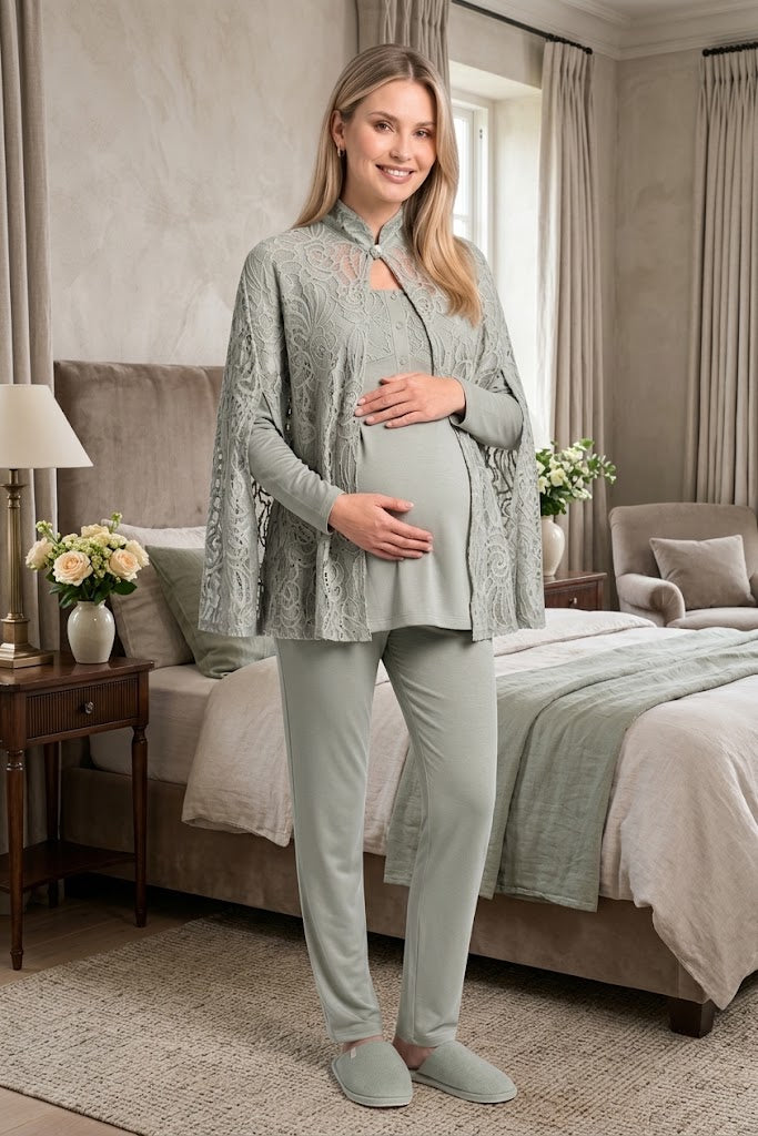 Yeşil Uzun Kollu Emzirme Özellikli Dantel Pelerin Sabahlıklı Lohusa Pijama Takımı-6402