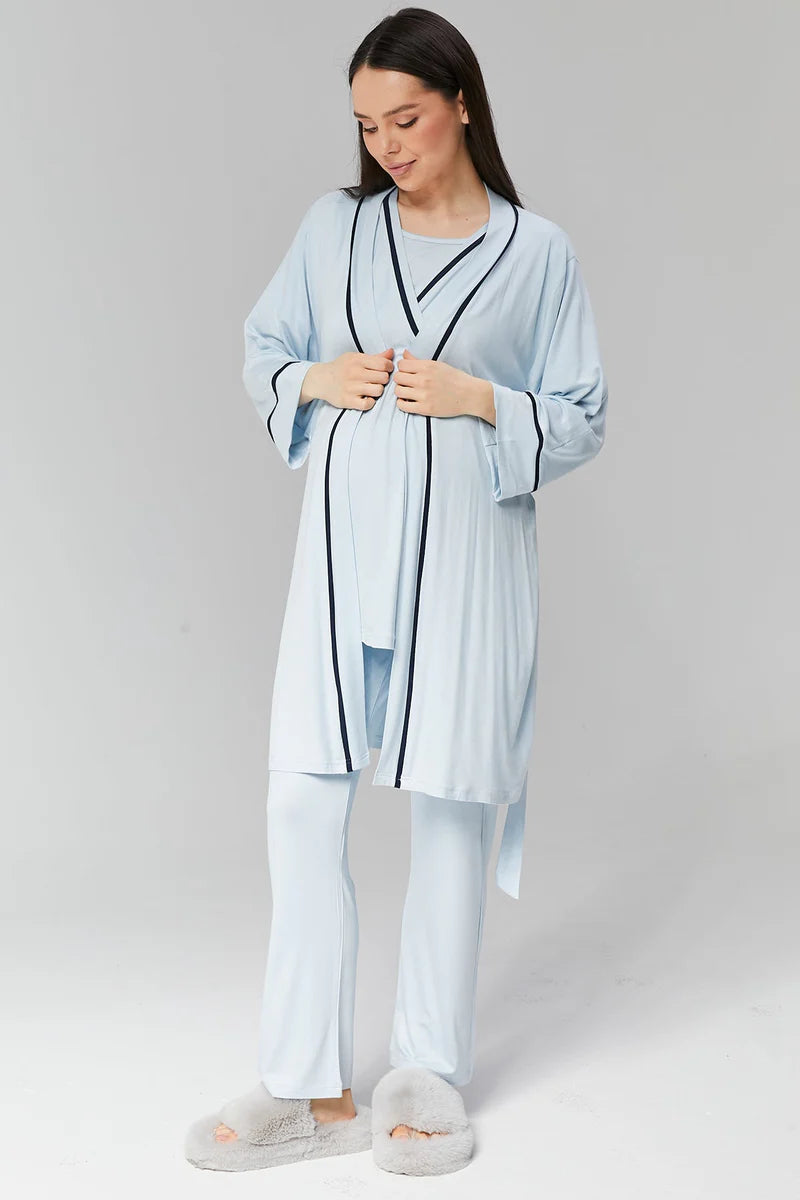 Kısa Kollu Biyeli Sabahlıklı Kruvaze Lohusa Pijama Takımı-515