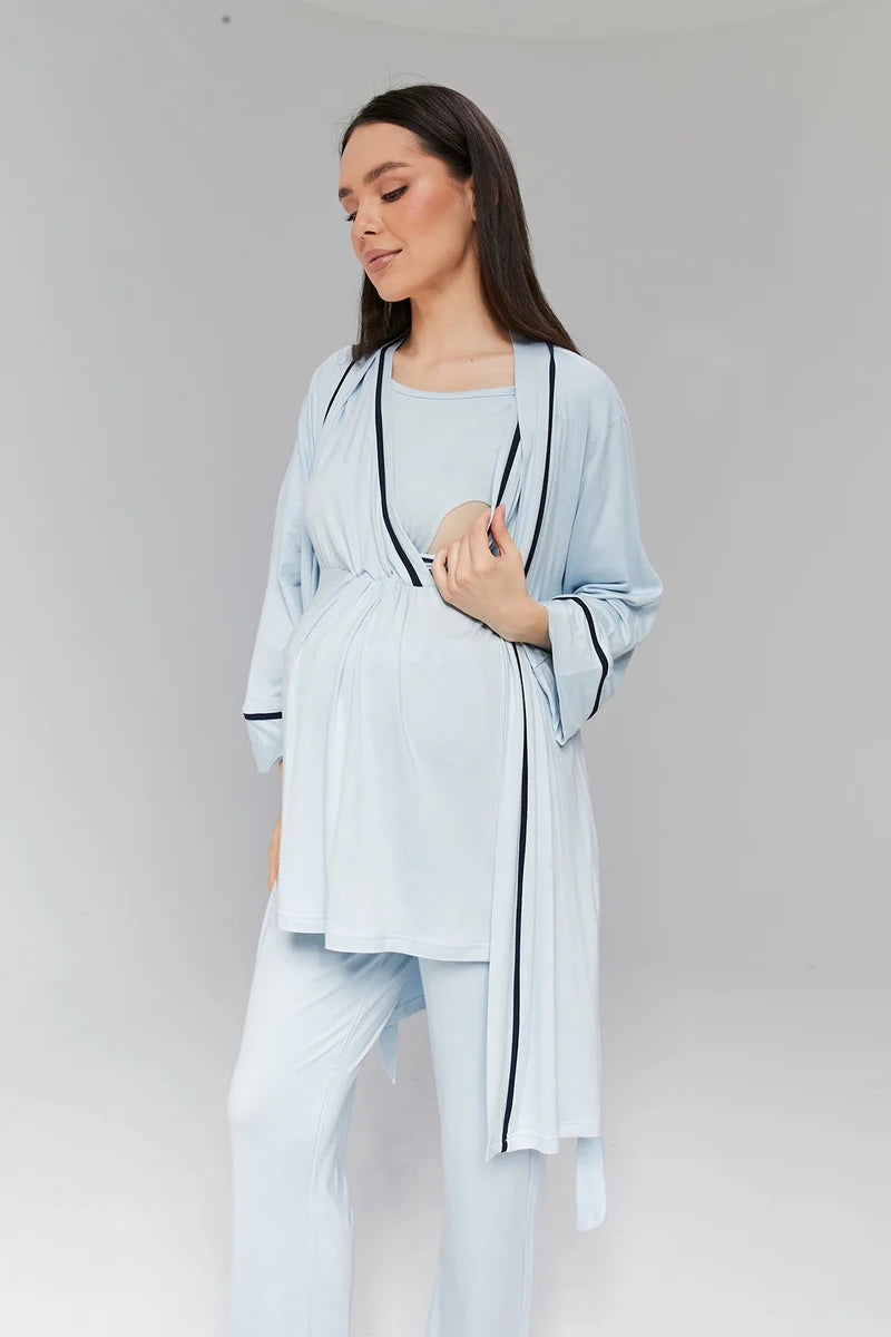 Kısa Kollu Biyeli Sabahlıklı Kruvaze Lohusa Pijama Takımı-515
