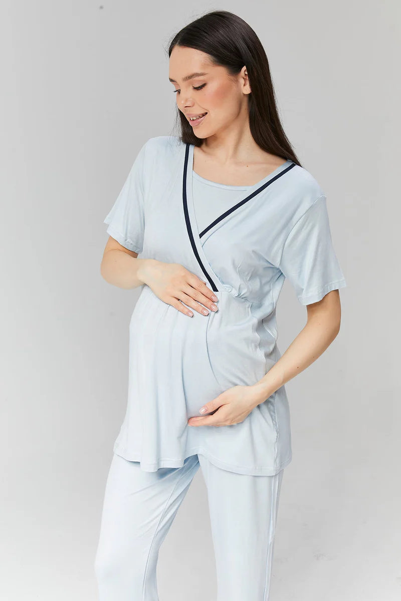 Kısa Kollu Biyeli Sabahlıklı Kruvaze Lohusa Pijama Takımı-515