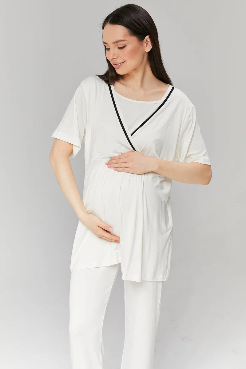 Kısa Kollu Biyeli Sabahlıklı Kruvaze Lohusa Pijama Takımı-516