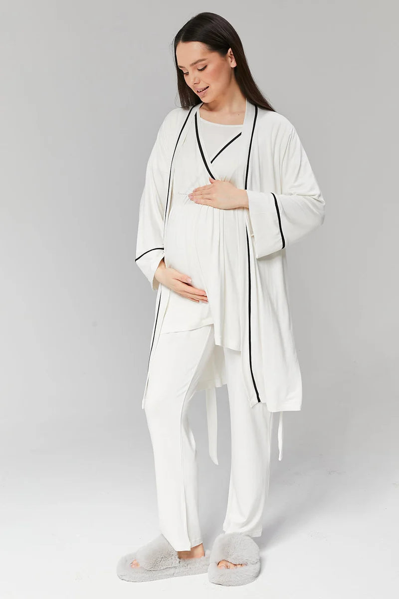 Kısa Kollu Biyeli Sabahlıklı Kruvaze Lohusa Pijama Takımı-516