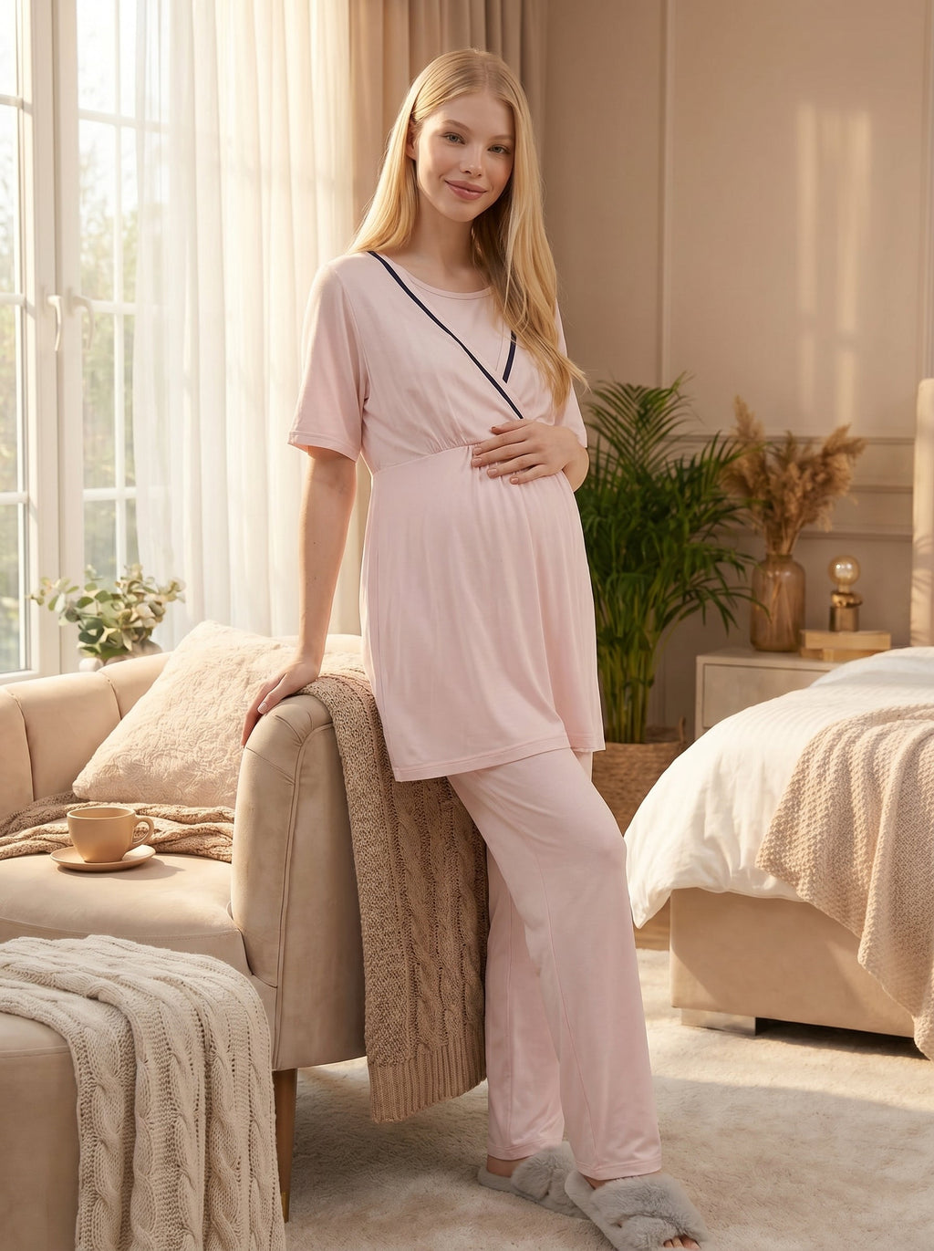 Pembe Biyeli Kruvaze Lohusa Sabahlıklı Pijama Takımı - 517