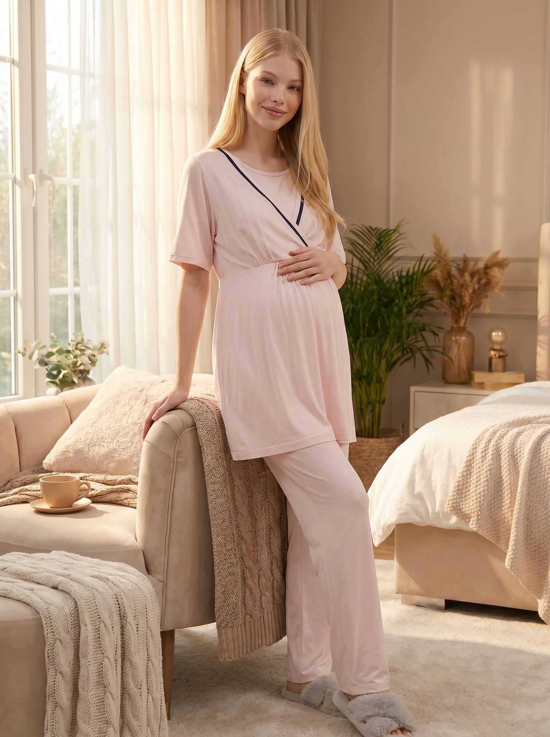 Pembe Biyeli Kruvaze Lohusa Sabahlıklı Pijama Takımı - 517