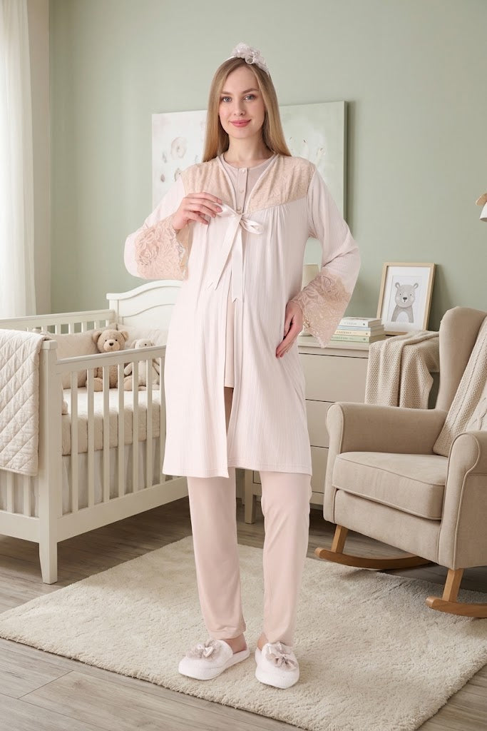 Vizon Kısa Kollu Güpür Detaylı Emzirme Kolaylıklı Sabahlıklı Lohusa Pijama Takımı-3472