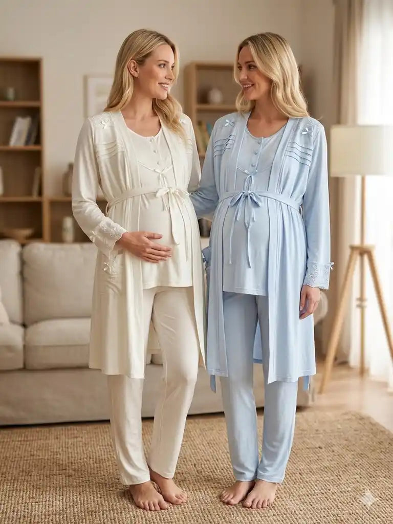 Ekru-Mavi Uzun Kollu Emzirme Özellikli Dantel Kol Sabahlıklı Lohusa Pijama Takımı-6302
