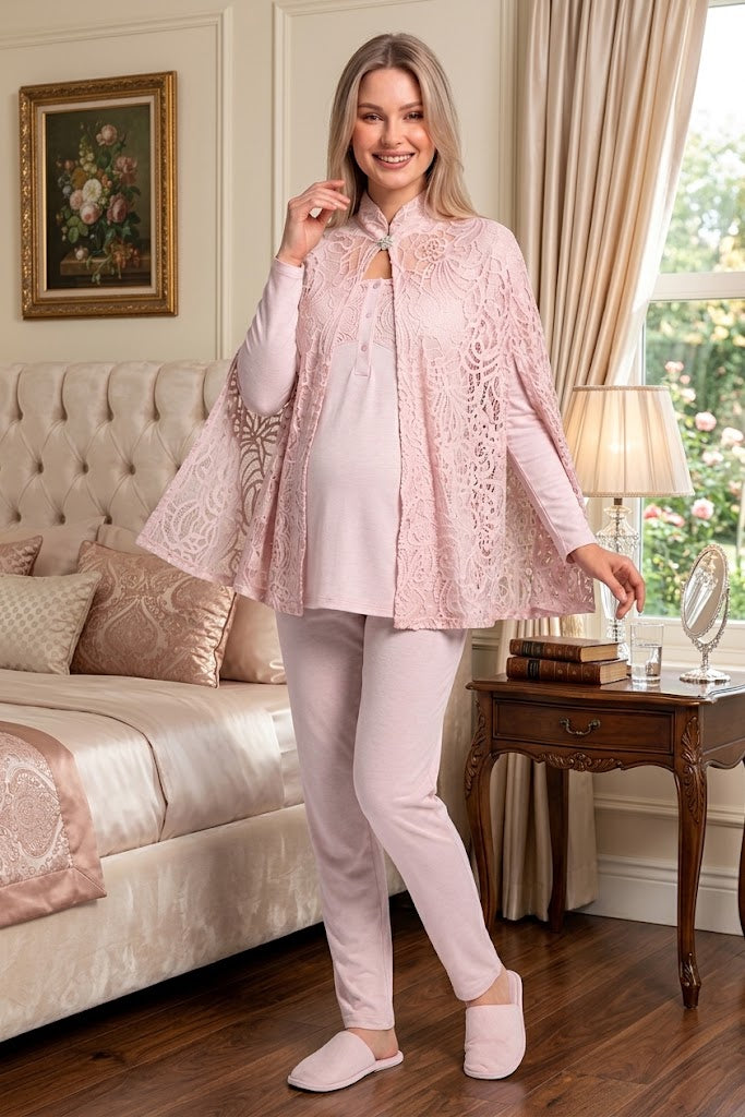 Pudra Uzun Kollu Emzirme Özellikli Dantel Pelerin Sabahlıklı Lohusa Pijama Takımı-6402