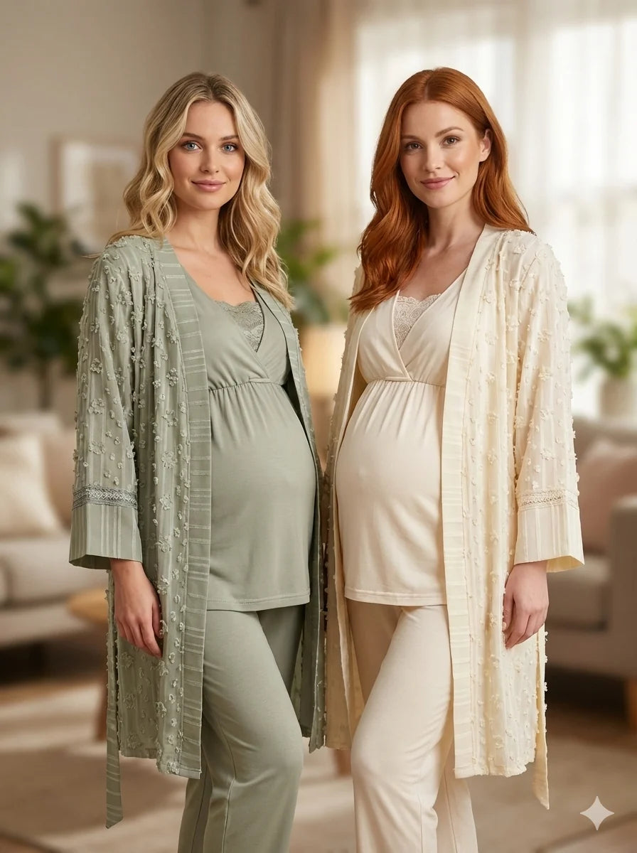 Ekru Kruvaze Yaka Dokuma Sabahlıklı Lohusa Pijama Takımı-6209
