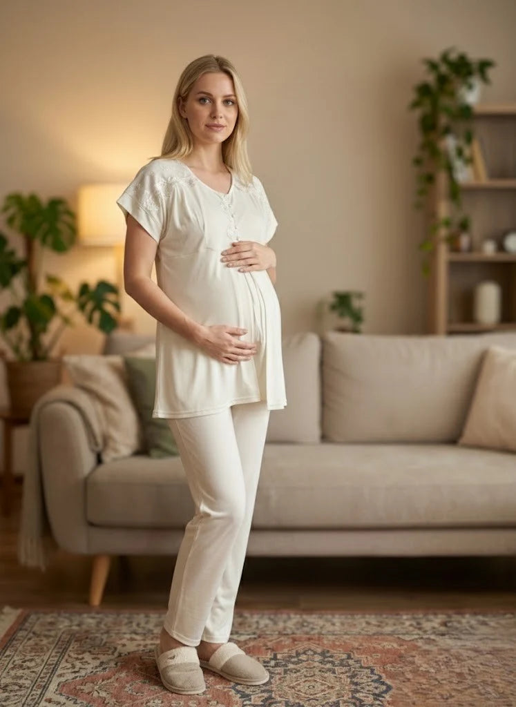 Ekru Kısa Kollu Dantel Detaylı Emzirme Özellikli Lohusa Pijama Takımı-6222