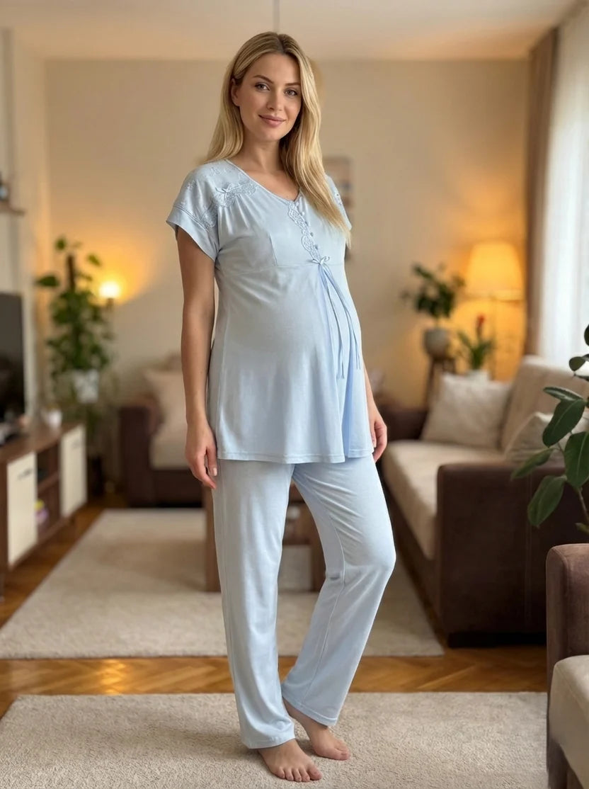 Mavi Kısa Kollu Dantel Detaylı Emzirme Özellikli Lohusa Pijama Takımı-6222
