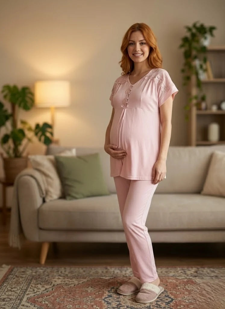 Pudra Kısa Kollu Dantel Detaylı Emzirme Özellikli Lohusa Pijama Takımı-6222