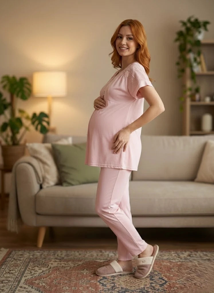 Pudra Kısa Kollu Dantel Detaylı Emzirme Özellikli Lohusa Pijama Takımı-6222