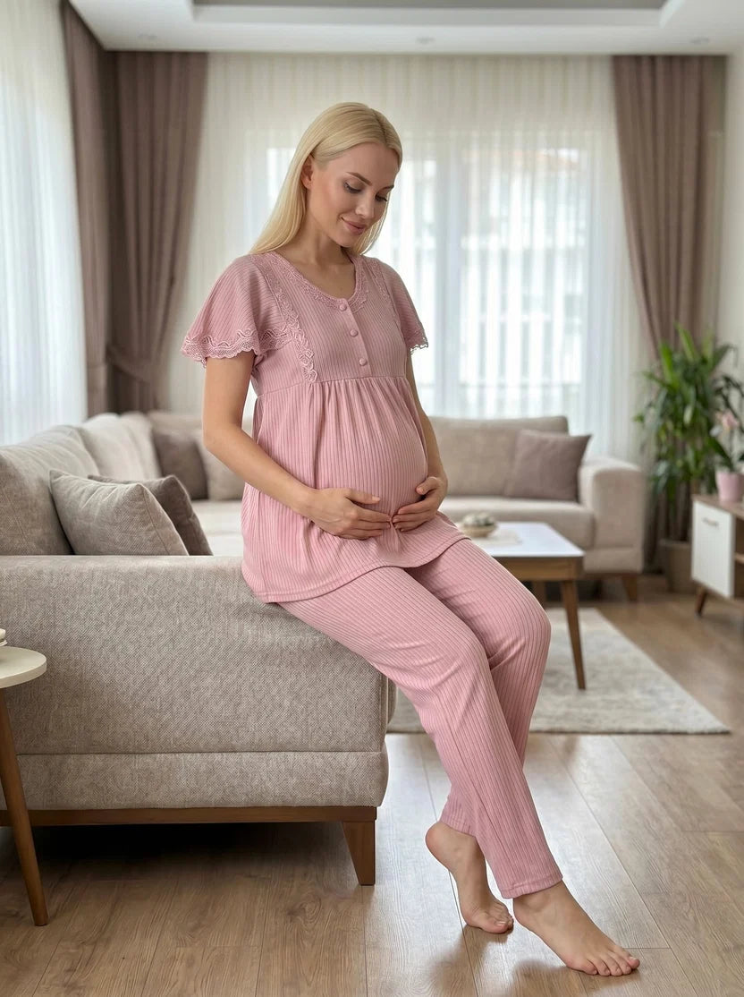 Pudra Kısa Kollu Şık Dantel Detaylı Emzirme Özellikli Lohusa Pijama Takımı-6230