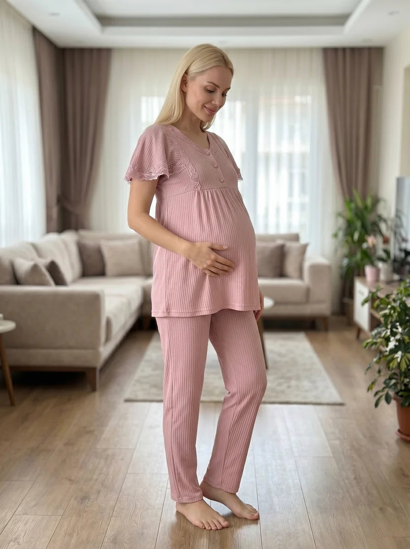 Pudra Kısa Kollu Şık Dantel Detaylı Emzirme Özellikli Lohusa Pijama Takımı-6230