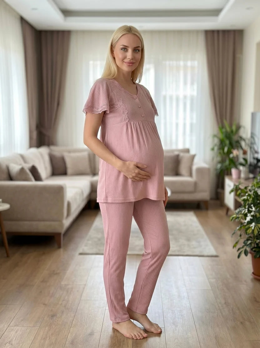 Pudra Kısa Kollu Şık Dantel Detaylı Emzirme Özellikli Lohusa Pijama Takımı-6230