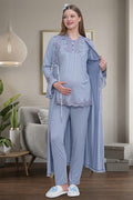 Mavi Uzun Kollu Güpür Detaylı Emzirme Özellikli Sabahlıklı Lohusa Pijama Takımı-1517