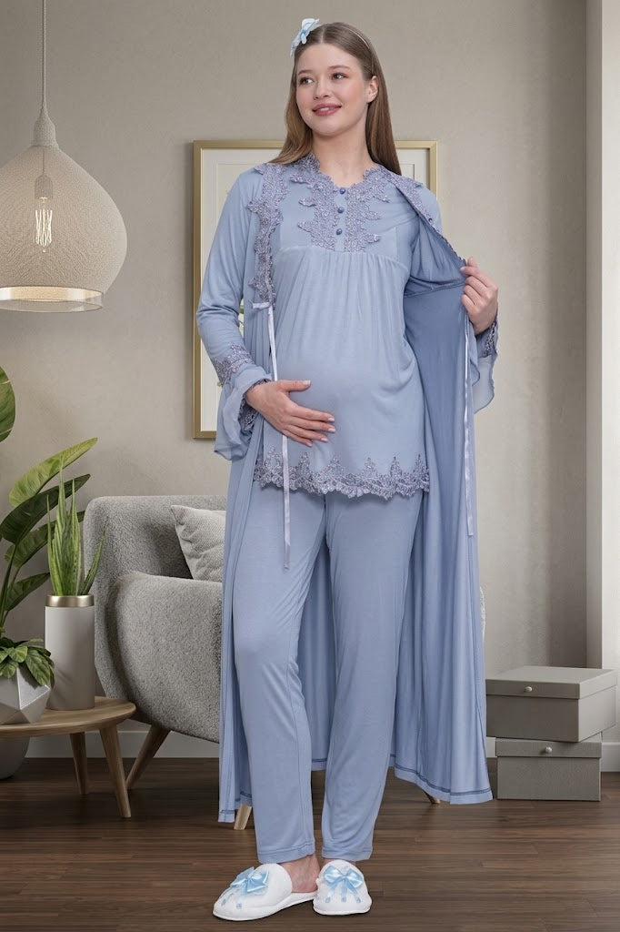 Mavi Uzun Kollu Güpür Detaylı Emzirme Özellikli Sabahlıklı Lohusa Pijama Takımı-1517