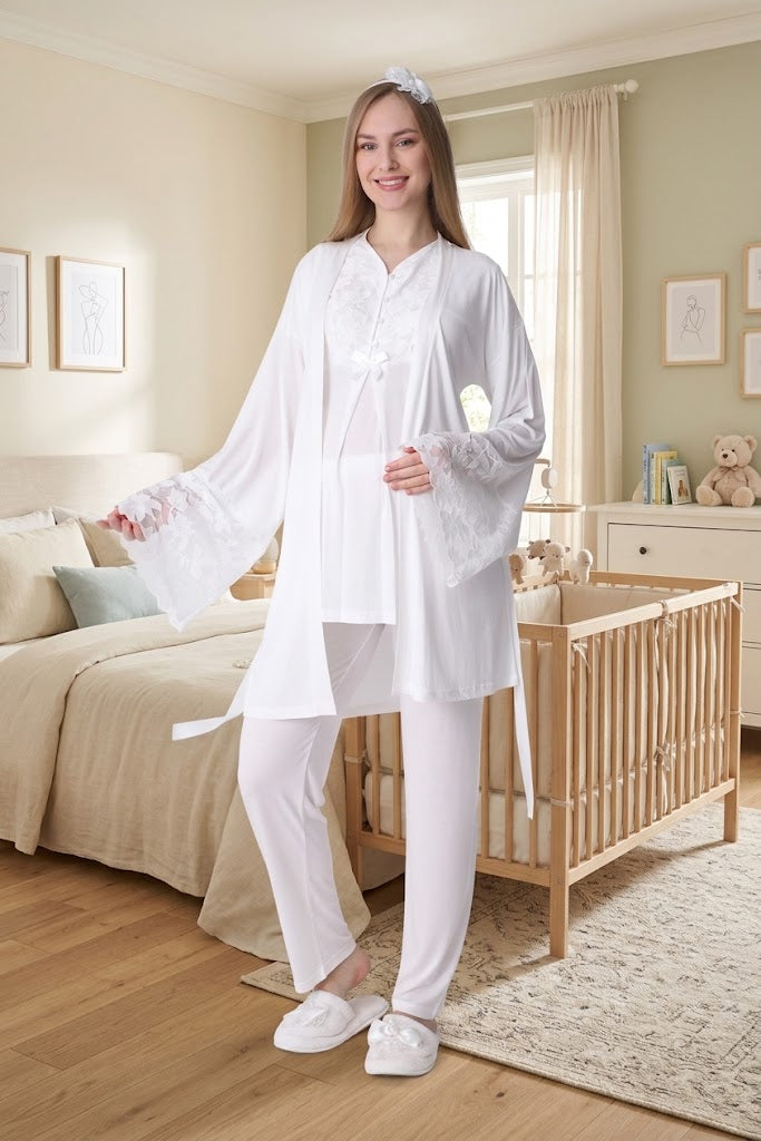 Ekru Truvakar Kollu Dantel Detaylı Emzirme Özellikli Sabahlıklı Lohusa Pijama Takımı-3468