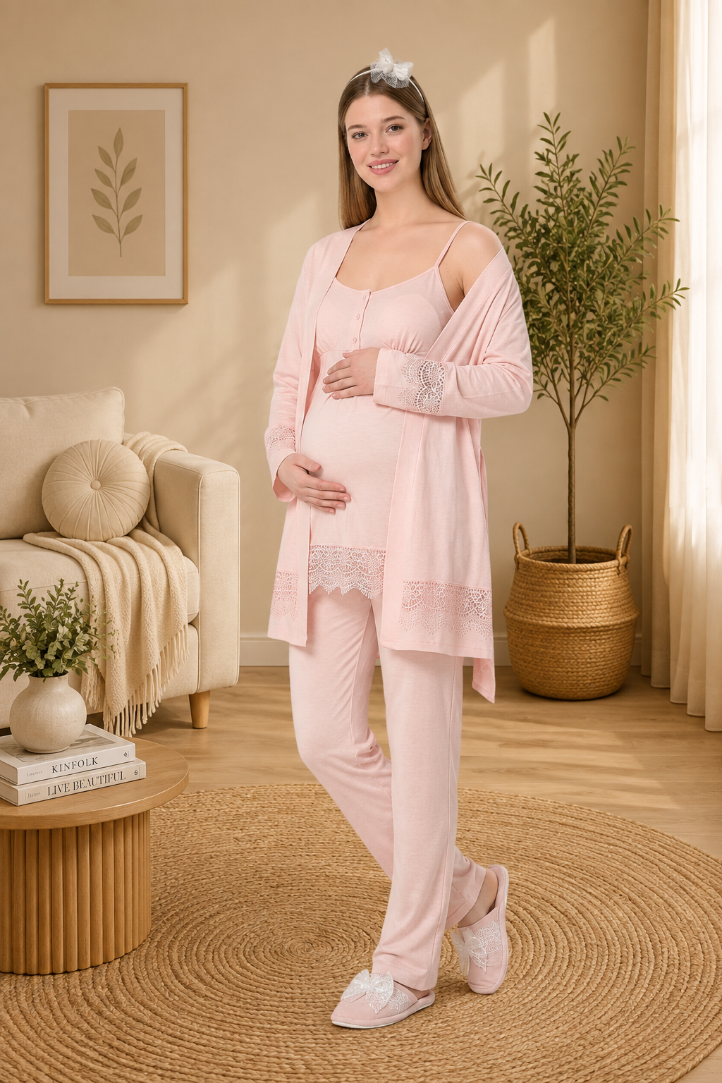 Pudra Emzirme Özellikli Dantel Detaylı Sabahlıklı Lohusa Pijama Takımı-6405