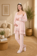 Pudra Emzirme Özellikli Dantel Detaylı Sabahlıklı Lohusa Pijama Takımı-6405
